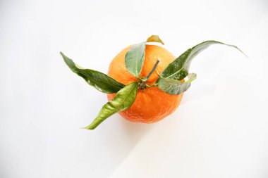 Yeşil yapraklarla izole edilmiş beyaz arkaplanda güzel bir turuncu mandalina.