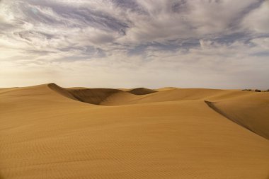 İspanya 'nın Gran Canaria adasındaki Maspalomas kumullarından sıcak güneşli bir günde güzel bir çöl manzarası.