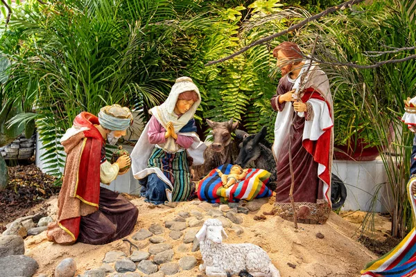 Belle Crèche Noël Entourée Feuilles Palmier Vert Avec Des Figurines — Photo
