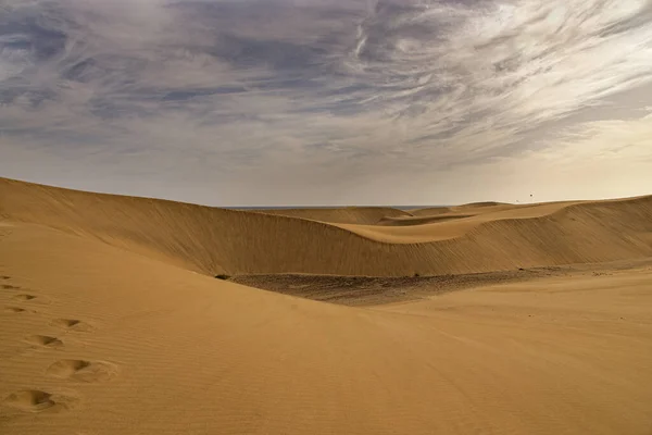 Vackert Sommarökenlandskap Varm Solig Dag Från Maspalomas Sanddyner Den Spanska — Stockfoto