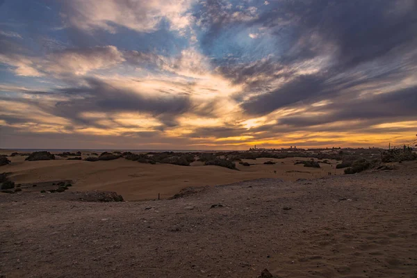 Vacker Färgglad Solnedgång Den Spanska Gran Canaria Maspalomas Sanddyner — Stockfoto