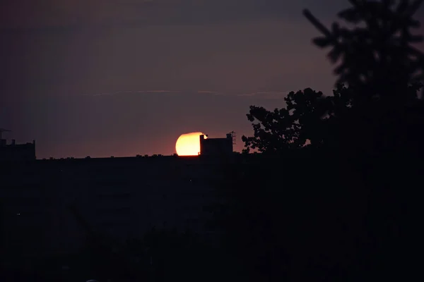 Bellissimo Tramonto Colorato Con Cielo Rosso Alberi Nuvole — Foto Stock