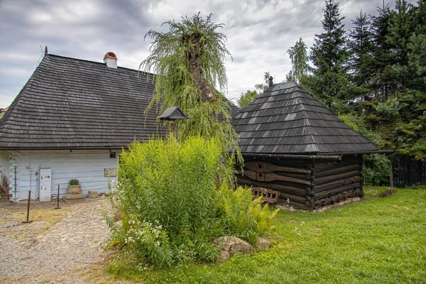 Táj Történelmi Fából Készült Vidéki Épületek Szabadtéri Múzeum Dobczyce Lengyel — Stock Fotó