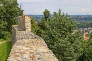 Polonya 'da Dobczyce' de bir yaz günü göle bakan taştan bir kalenin tarihi savunma duvarı.
