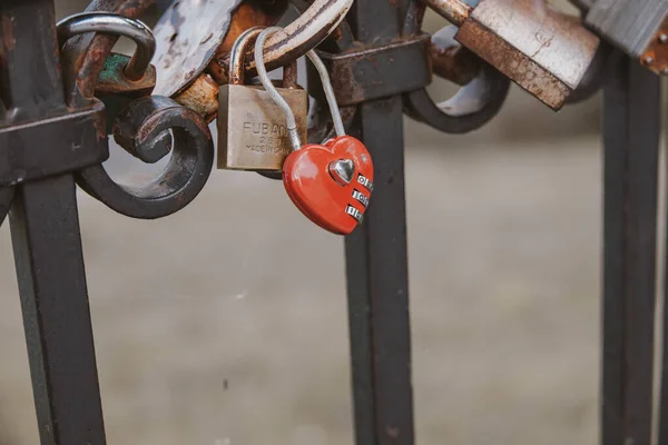 Piękna Kłódka Metalowym Balustradzie Jako Symbol Miłości Zbliżeniu — Zdjęcie stockowe