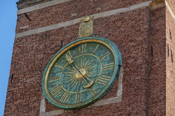 Beautiful Antique Clock Brick Tower Krakow Poland — Stock Photo, Image