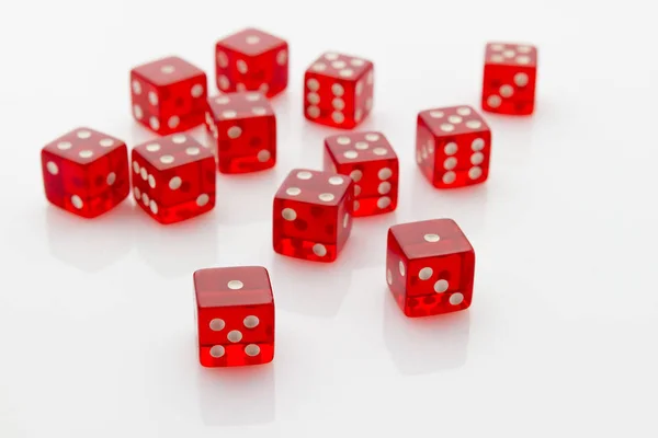 Group Red Transparent Dice Laying Mess White Reflective Background — Stock Photo, Image