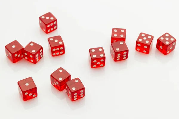 Group Red Transparent Dice Laying Mess White Reflective Background — Stock Photo, Image