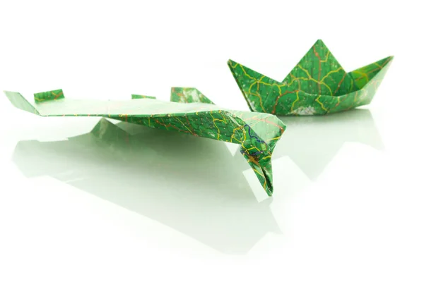 Origami Bateau Avion Avec Carte Isolée Sur Fond Blanc Réfléchissant — Photo