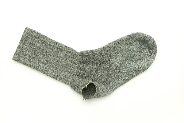 Einzelne Graue Socke Mit Loch Isoliert Auf Weißem Hintergrund Stockbild