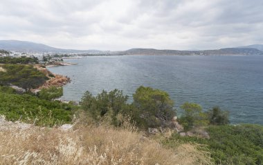 manzara Yunanistan kıyı ile bulutlu yaz günü bitkilerde