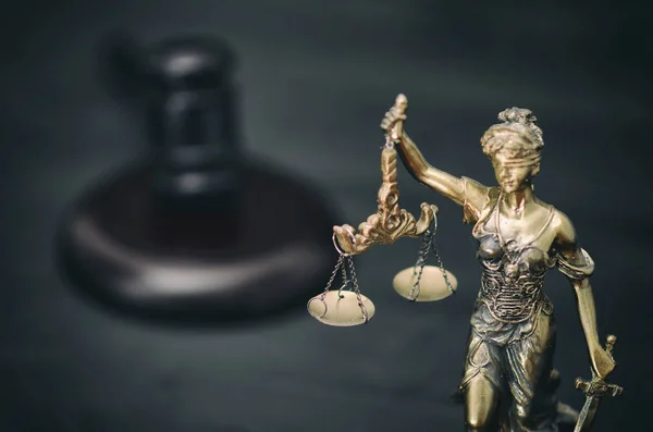 Law and Justice, Legality concept, Scales of Justice, Judge Gavel, Justitia, Lady Justice on a black wooden background.