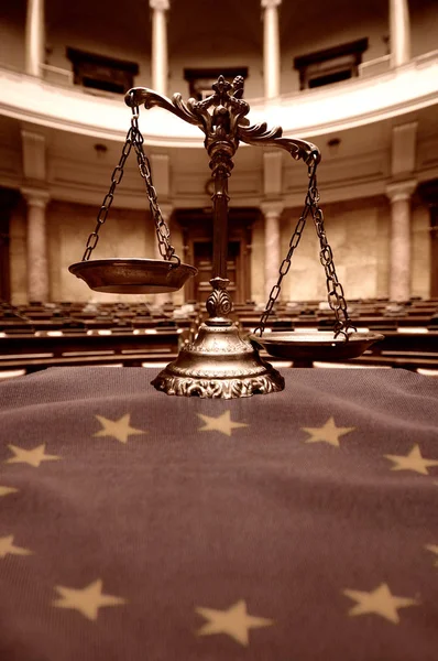 Símbolo Lei Justiça Sala Audiências Vazia Direito Conceito Justiça — Fotografia de Stock