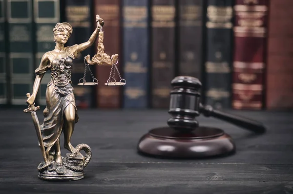 Law Justice Legality Concept Judge Gavel Lady Justice Black Wooden — стоковое фото