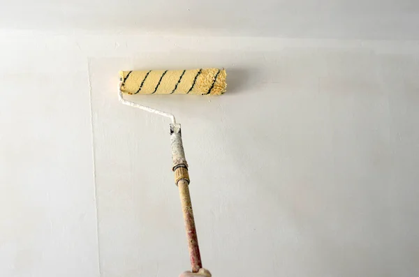 Painting with paint roller , wall painting concept.