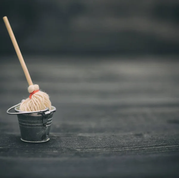 Metal Bucket Mop Bucket Broom Cleaning Concept — Stock Photo, Image