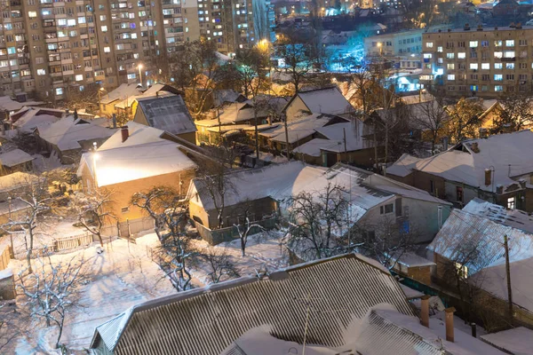 Case Illuminazione Città Sono Coperte Neve Notte — Foto Stock