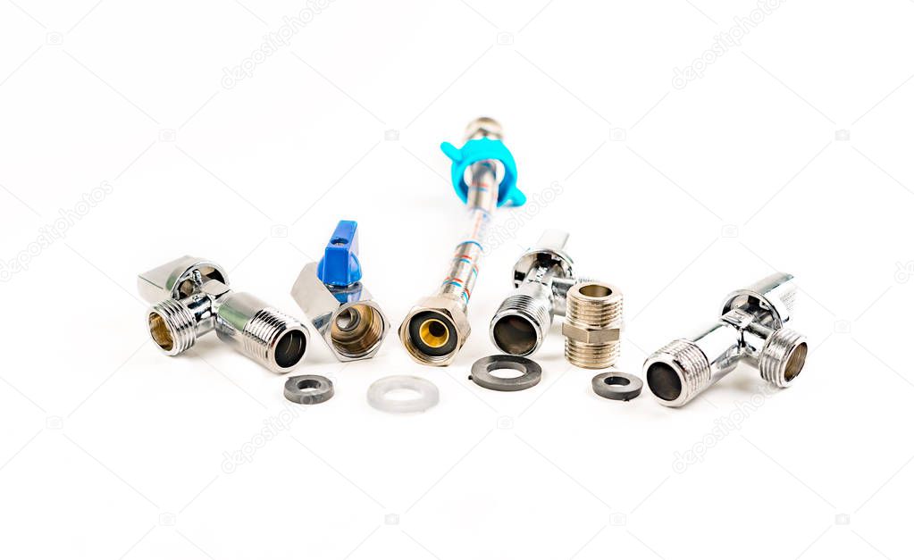 Various details of sanitary ware for mounting a water supply system on a white background