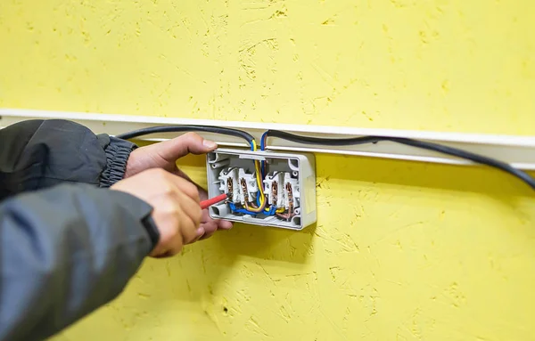 Process Connecting Cables Dual Socket Yellow Background — Stock Photo, Image