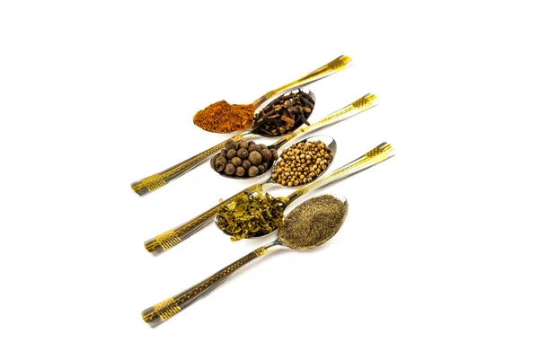 Spices Spoons Pepper Black Red Fragrant Cilantro Coriander Dried Herbs — Stock Photo, Image