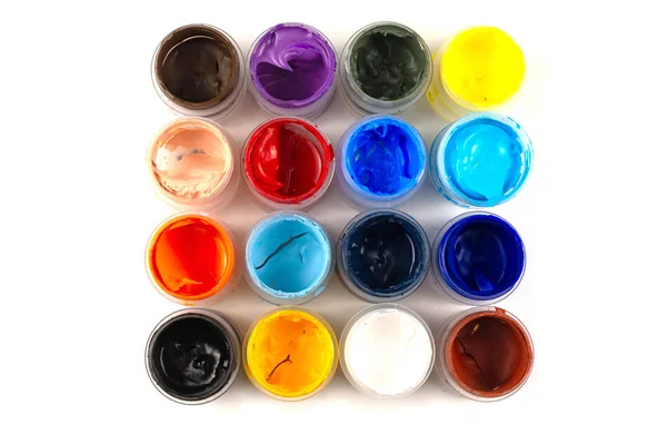 Bouteilles Avec Peintures Acryliques Différentes Couleurs Pour Dessin Sur Fond — Photo