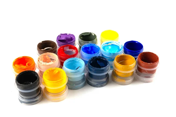 Sticle Vopsele Acrilice Diferite Culori Pentru Desen Fundal Alb — Fotografie, imagine de stoc