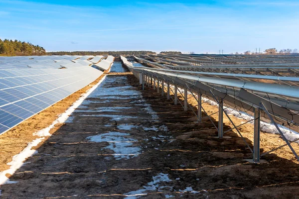 Seções com painéis solares no fundo do céu e da árvore — Fotografia de Stock