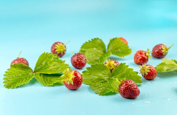 A textura é de morango com gotas de água e folhas verdes i — Fotografia de Stock