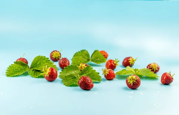 食感はイチゴで、水滴と緑の葉i — ストック写真