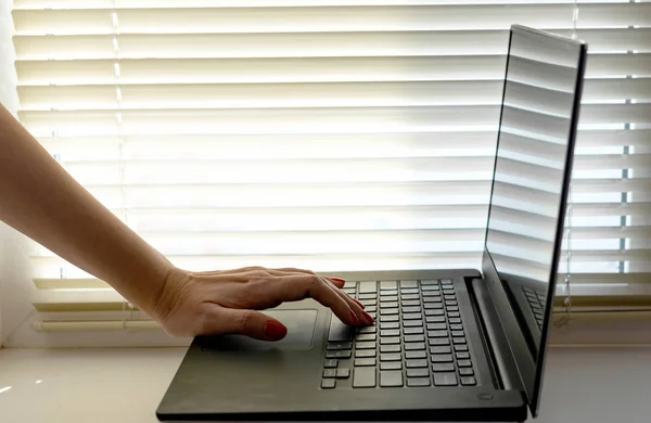 The process of working on a laptop on a background of sunlight — Stock Photo, Image