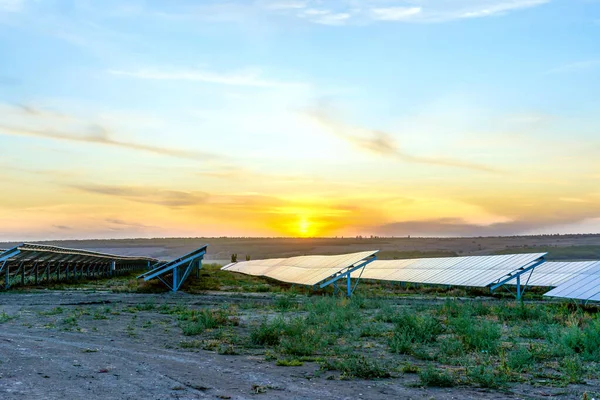 Filas de paneles solares sobre fondo del atardecer —  Fotos de Stock