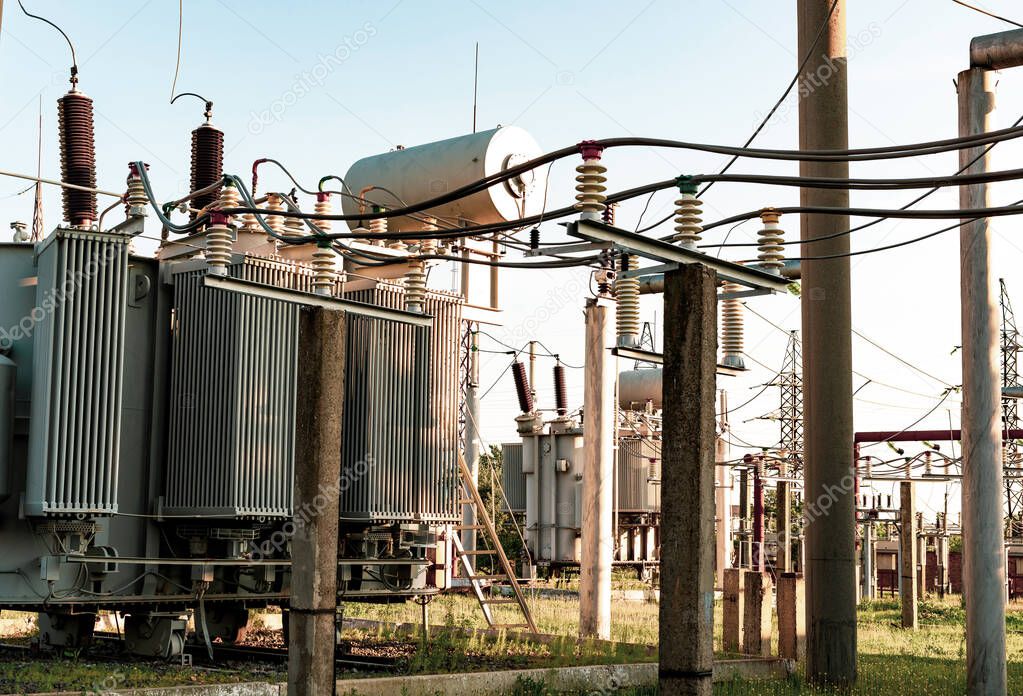 High-voltage transformers at Power substations with various equi