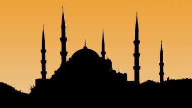 Eski şehir - Sultanahmet Cami Istanbul'da güneş ortamda silüeti. Istanbul eski kasabada birçok cami minareleri silüeti vermek vardır