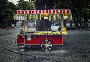 Istanbul, Türkiye - 30 Nisan 2018: Street satıcı haşlanmış ve ızgara mısır ve Sultanahmet Meydanı, geleneksel Türk arabası üzerinde kestane ile fast food