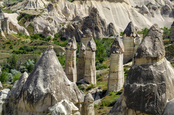 Impressive fungous forms of sandstone and hills in the canyon at Cappadocia, Nevsehir Province, Anatolia Region of Turkey, Asia. Beauty of nature concept background. 