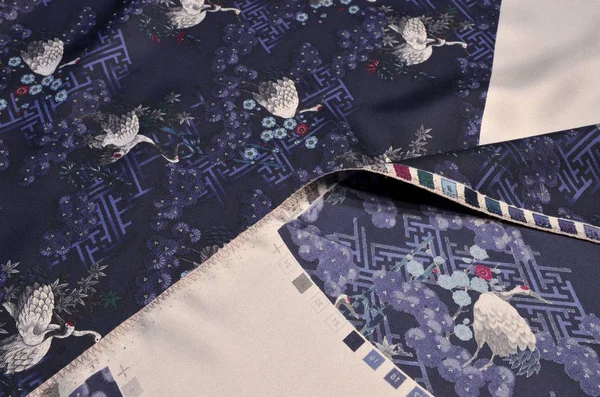 Silk twill fabric with a picture of cranes