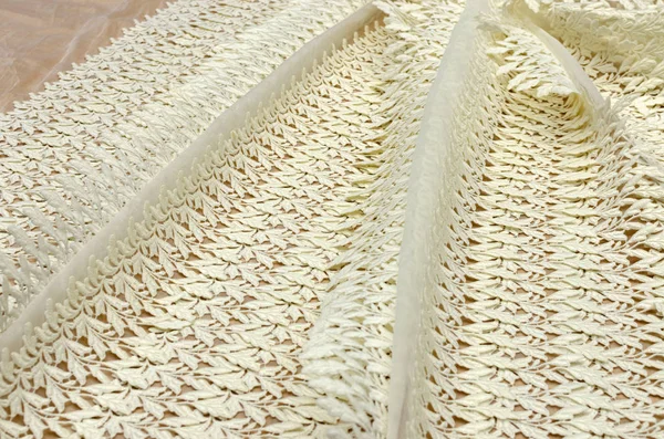 Tessuto Cotone Organza Ricamato Con Macrame Frangiato Avorio — Foto Stock