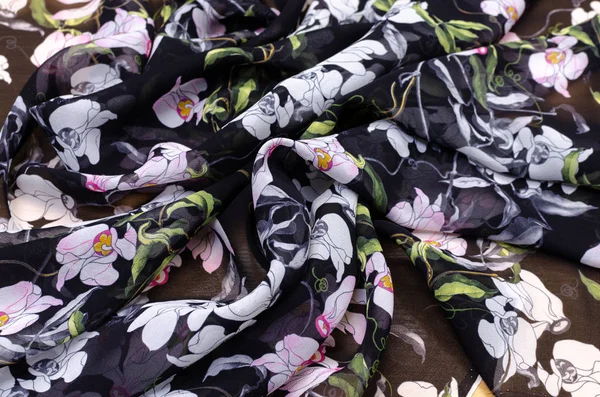 Tessuto Seta Ornamento Floreale Orchidee Nero — Foto Stock