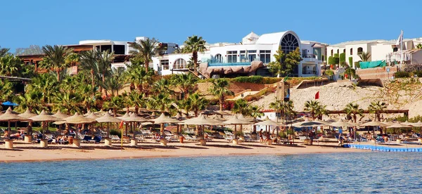 Chaise Lounge Parasols Het Strand Tegen Blauwe Lucht Zee Egypte — Stockfoto