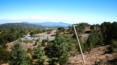 Dağ ormanı manzarası, Troodos doğa yolu, Kıbrıs. Olimbos Zirvesinden Görünüm