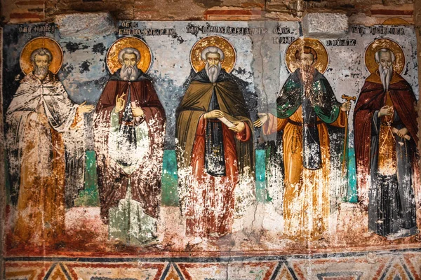 Mount Athos Řecko Října 2019 Timeworn Frescoes Saints Outer Side — Stock fotografie