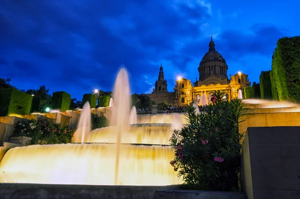 Museu Nacional Catalunha Cascata Fontes Barcelona Noite — Fotografia de Stock