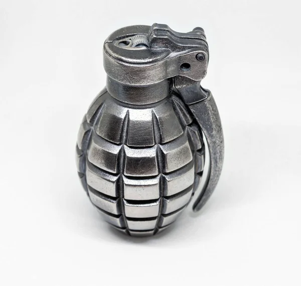 Single Silver Metal Grenade Lighter Isolated White Background Shadow Copy — Stock Photo, Image