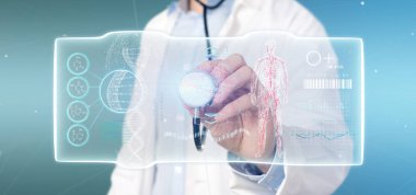 Doktor holding futuristik bir arayüze şablonu 