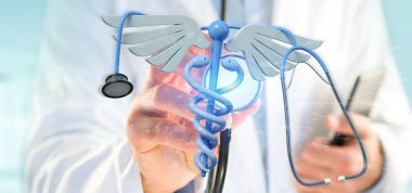 Tıbbi cadaceus sembol ve stetoskop 3D render tutan doktor