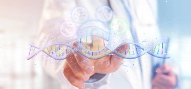 Doktor beyaz elbise 3d tutarak işlemek DNA'sı