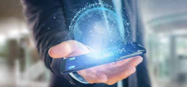 bir akıllı telefon üzerinde veri earth dünya oluşturma 3d tutan işadamı 