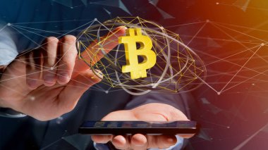 Bitcoin kripto para birimi işaretiyle, 3d render bir akıllı telefon kullanan adam
