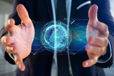 bağlı dünya kavramı simge simge bir futuristik bir arayüze üzerinde tutan adam 