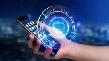 Parlak teknolojik bilgisayar düğme bir smartphone, 3B oluşturmayı kullanarak iş adamı